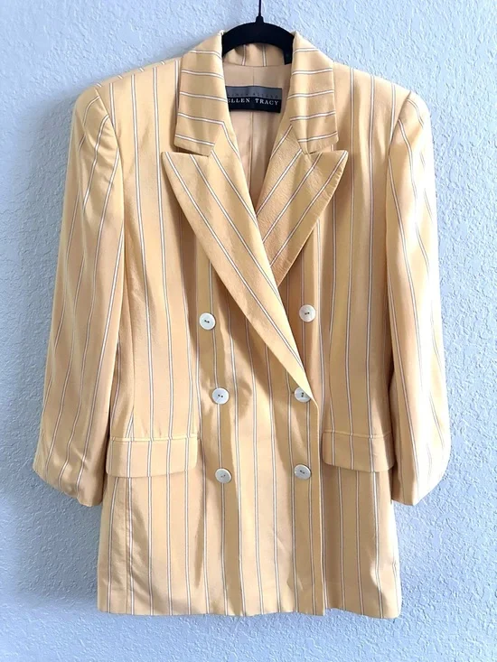 Vintage Ellen Tracy 100% Silk Blazer Yellow Pinstripe Double Breasted Size 10 - Picture 2 of 13
